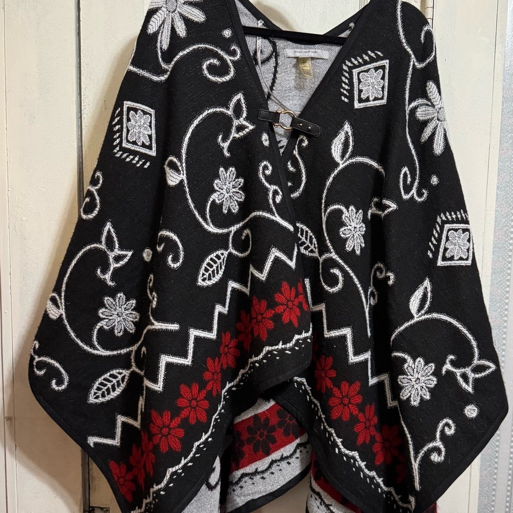 Marc New York Black and Red Poncho Sweater with Chevron Pattern Western
